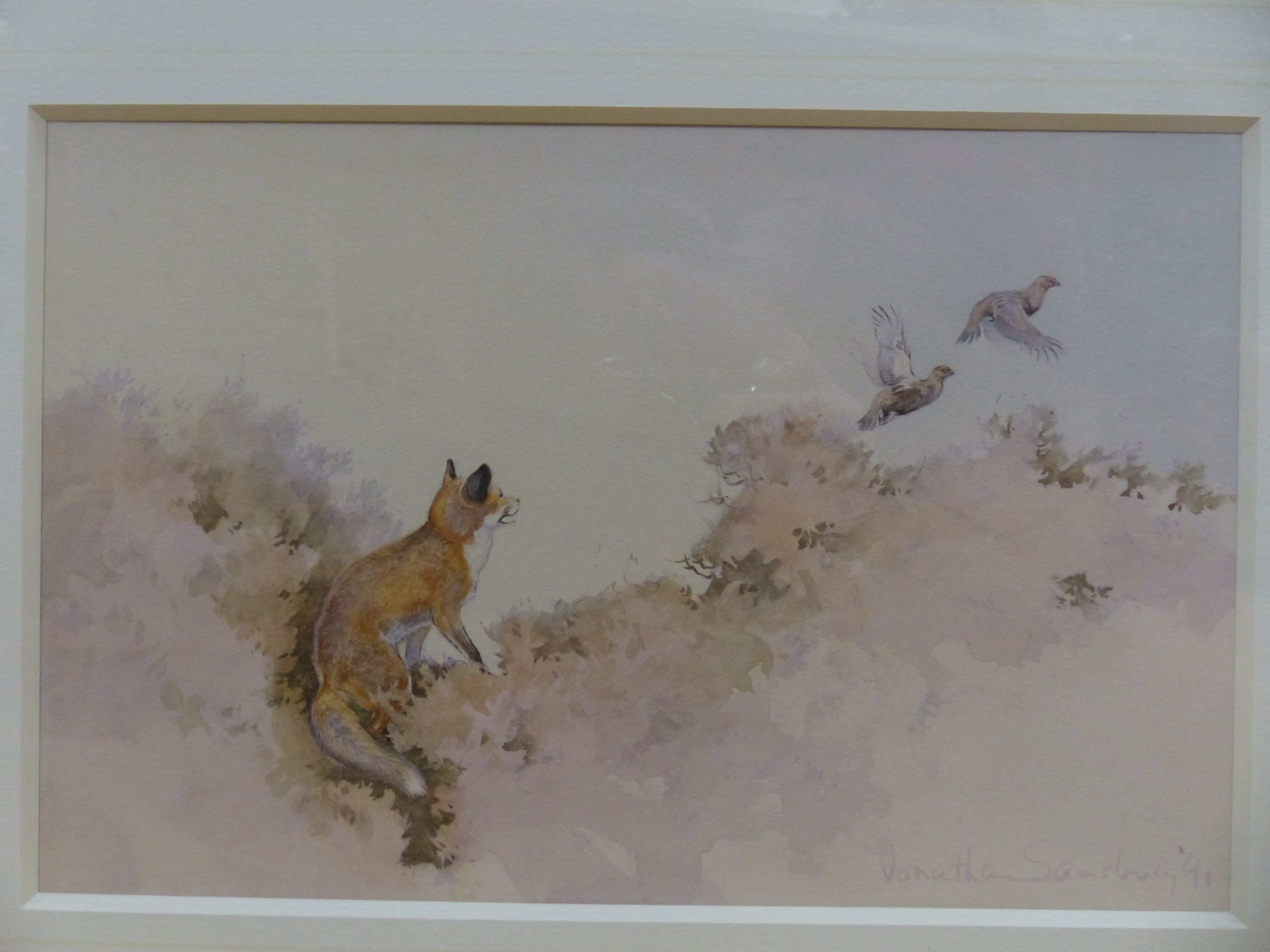 Jonathan Sainsbury (b.1951), watercolour, 'Still Waters, Black Labrador', signed, 18 x 27cm, and another 'A Chance Missed, Fox and Red Grouse', signed and dated '91, 16 x 25cm